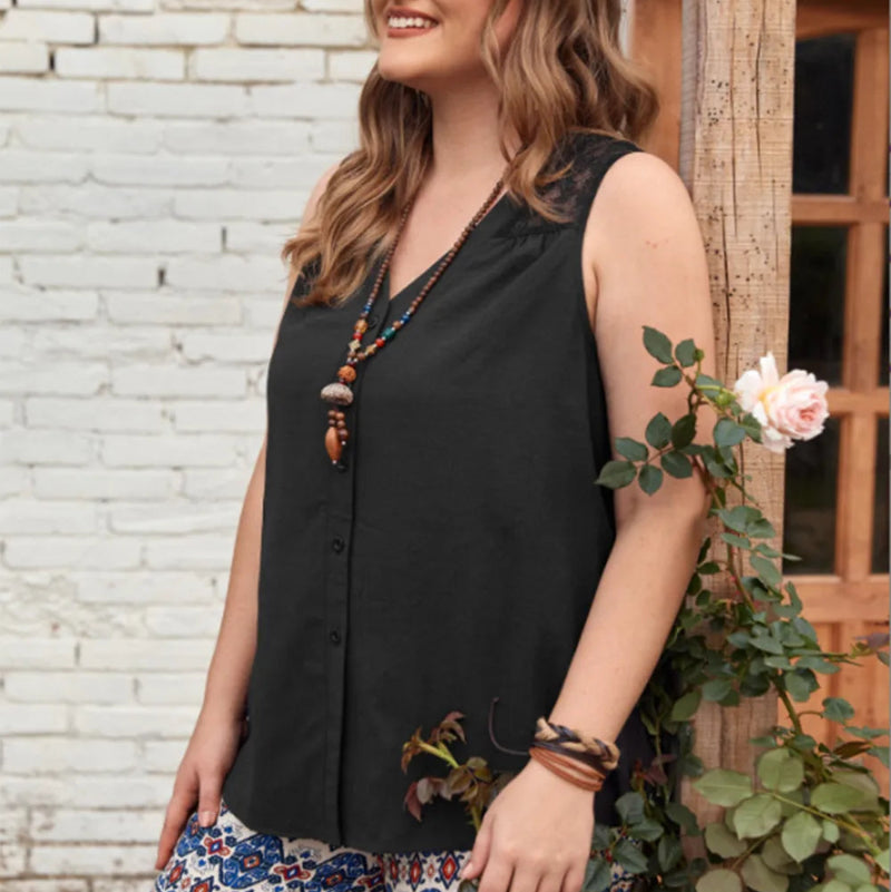Plus Size V-Neck Tank Top with white lace detail on a hange