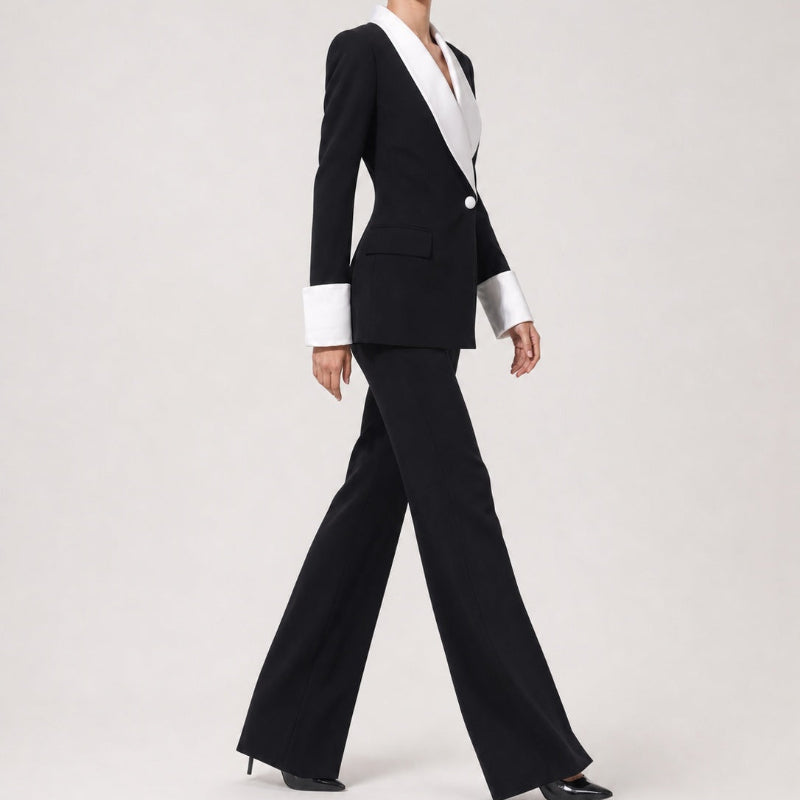 Contrast-Lapel Blazer and Flared Pants Suit