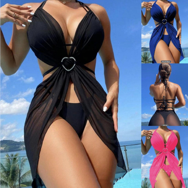 Rhinestone Heart Hardware Halter Bikini Set with Mesh Skirt — 3 Piece