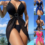 Rhinestone Heart Hardware Halter Bikini Set with Mesh Skirt — 3 Piece