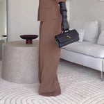 Brown Short-sleeved Blazer & High-waisted Pants Suit