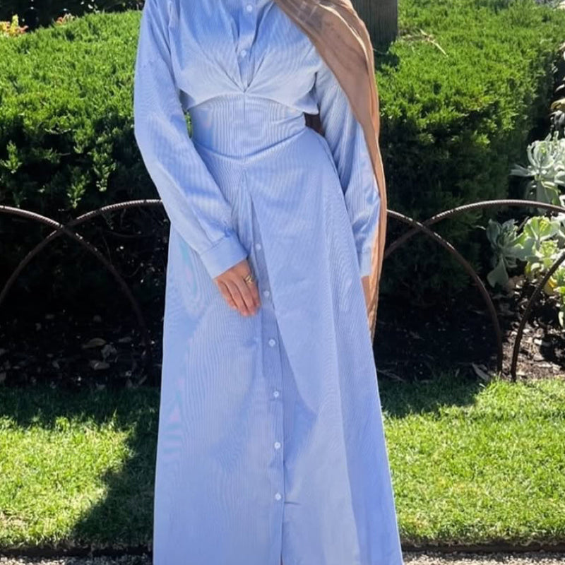 Blue Striped Single-breasted Maxi Shirt Dress