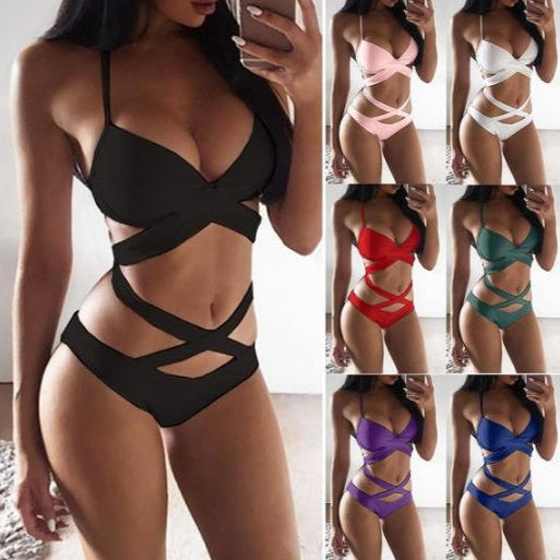 Criss-Cross Wrap Bandage Underwire V-Neck Spaghetti-Strap Bikini Set