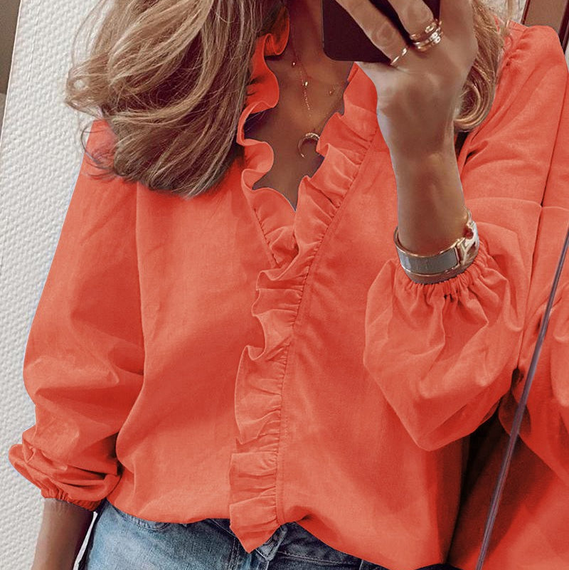 Elegant Long Sleeved Ruffled Lantern Blouse