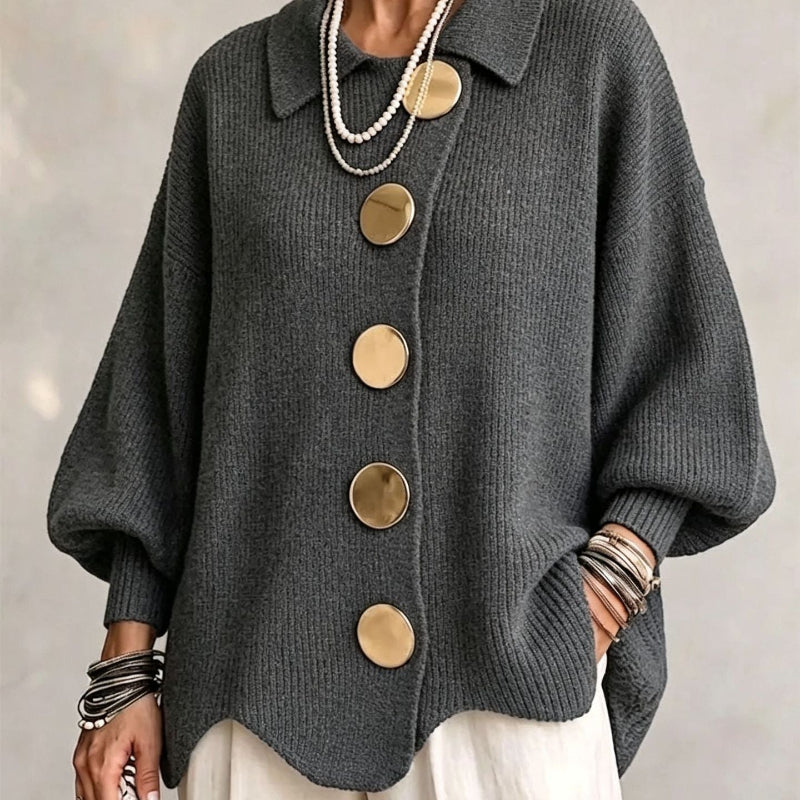Collared Knit Sweater with Statement Buttons - grey