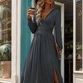 Lace Detail Slit V-Neck Long Sleeve Dress - runwayfashionista.com