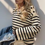 Striped Round Neck Long Sleeve Knit Top - runwayfashionista.com