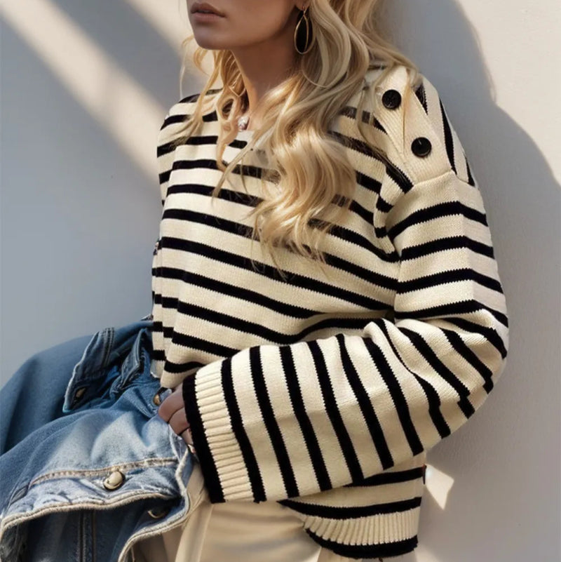 Striped Round Neck Long Sleeve Knit Top - runwayfashionista.com