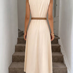 Pearl Neck Sleeveless Self-Tie Belt A-Line Midi Dress