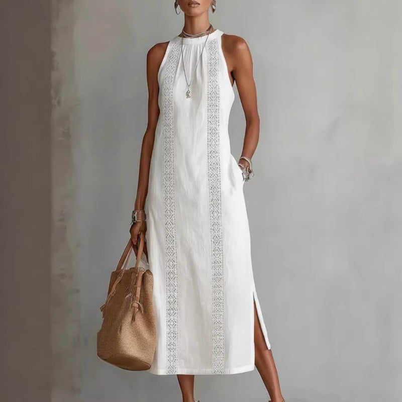 Halter Neck Sleeveless Midi Dress - white