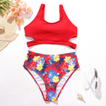 Cutout Crop Top Tropical Print High-Waist Bikini Set - red