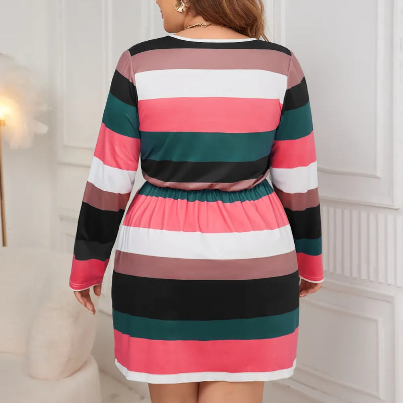 Plus Size Striped V-Neck Long Sleeve Mini Dress - runwayfashionista.com