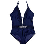 Deep Plunge Lace-Trim Crochet Waist Backless One-Piece Swimsuit