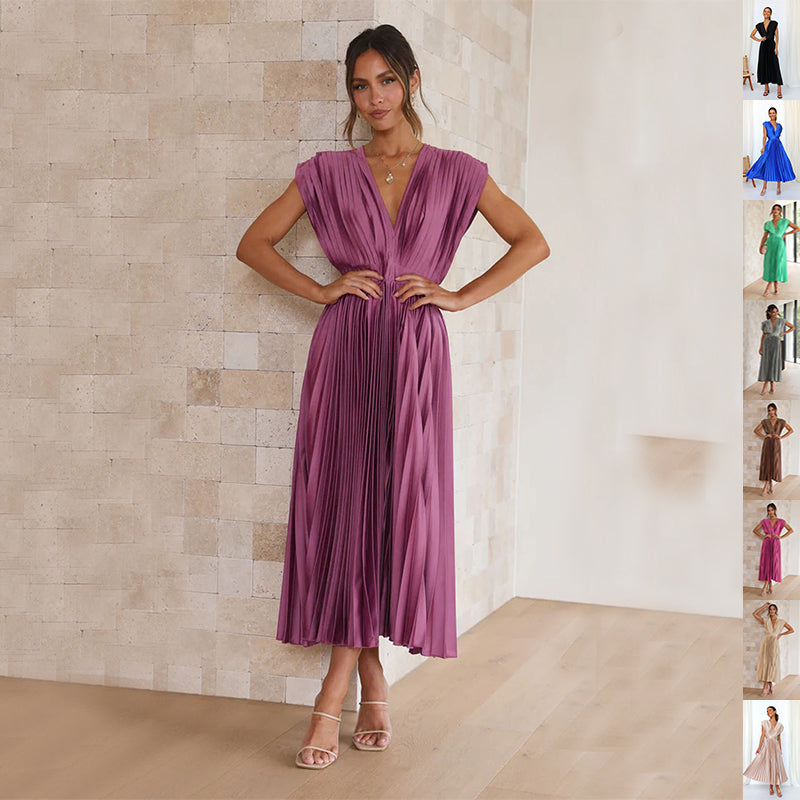 V-neck Pleated Midi Dress