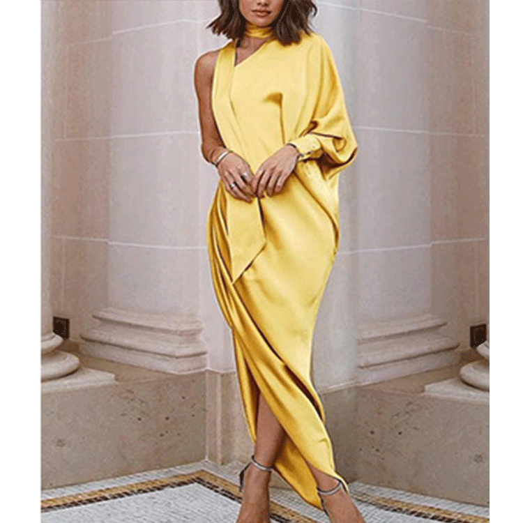 One-Shoulder Batwing-Sleeve Satin Fluid Draped Asymmetric-Hem Maxi Evening Dress - gold