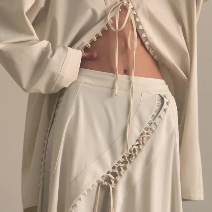 Cream Lace-Up Detail Top And Asymmetric Maxi Skirt Set