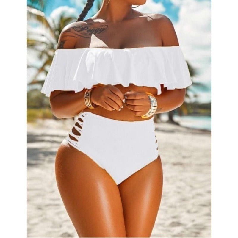 Off Shoulder Ruffle Edge Split Beach Bikini - runwayfashionista.com