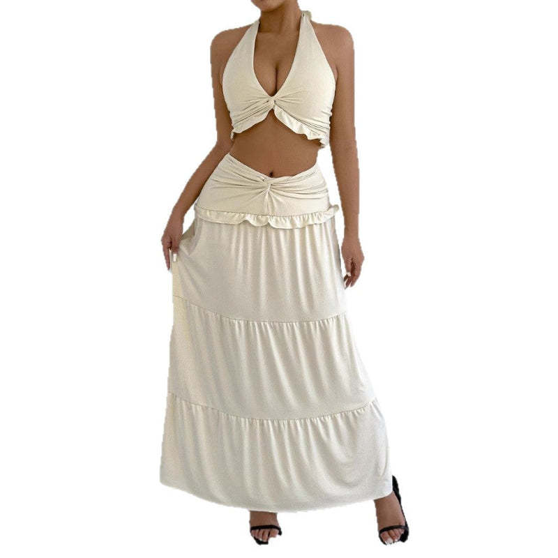 Off-the-Shoulder Low-Waist Hemline Fitted Long Skirt Two-Piece Skirt Set