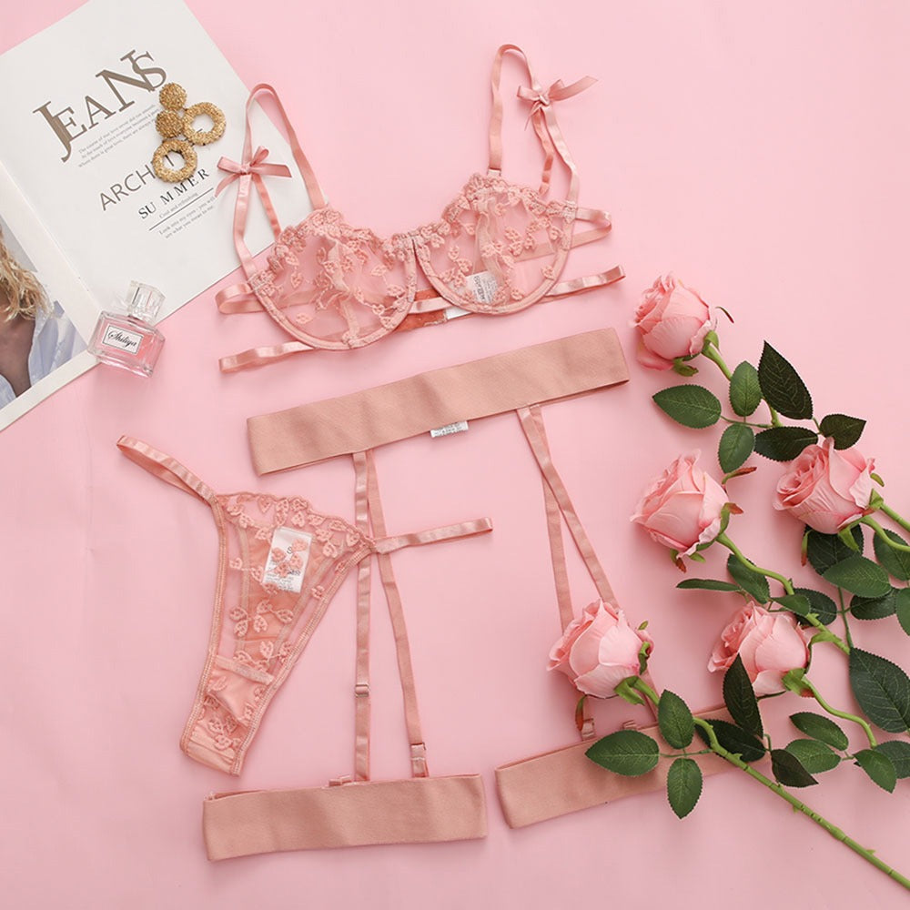 INS Lace EmbroideryLingerie Three Piece Set - runwayfashionista.com