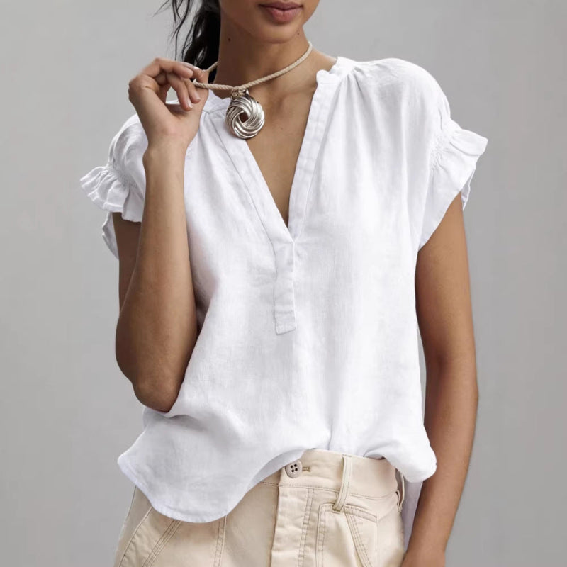 Casual V-Neck Cotton-Linen Blouse - white