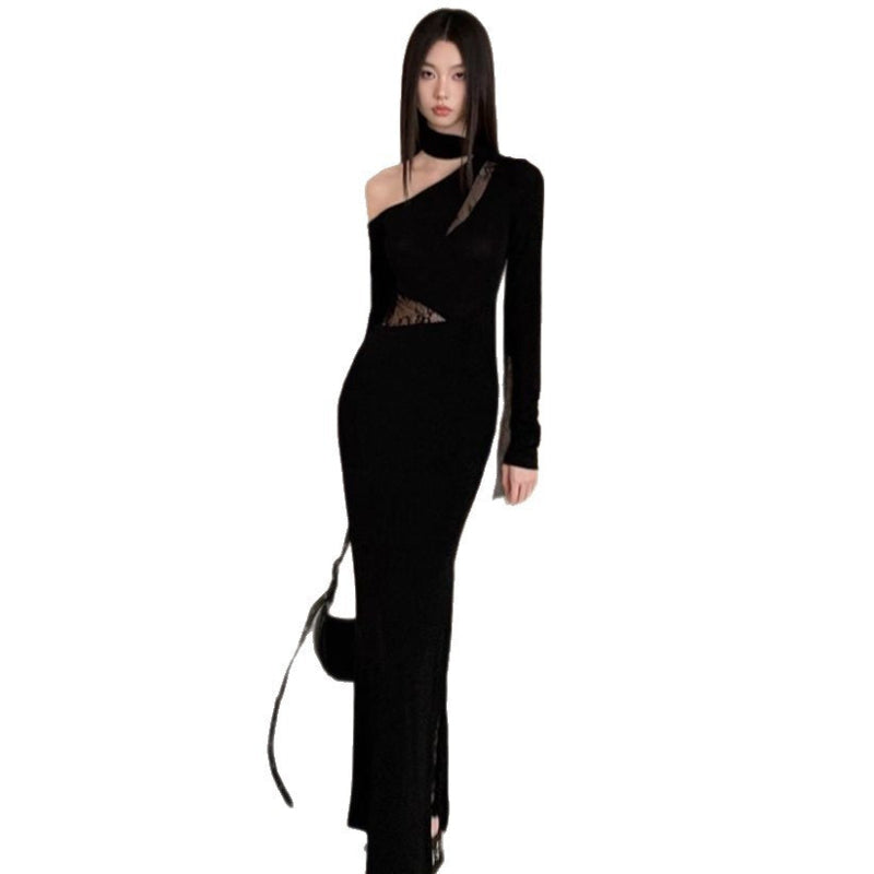 Asymmetrical Shoulder Long Sleeve Maxi Dress