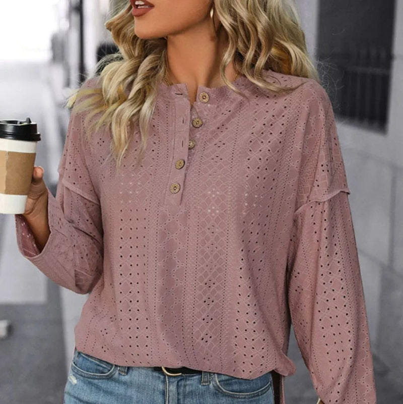 Eyelet Round Neck Long Sleeve Top -runwayfashionista.com