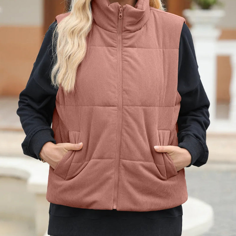 Pocketed Zip Up Turtleneck Vest Coat -runwayfashionista.com