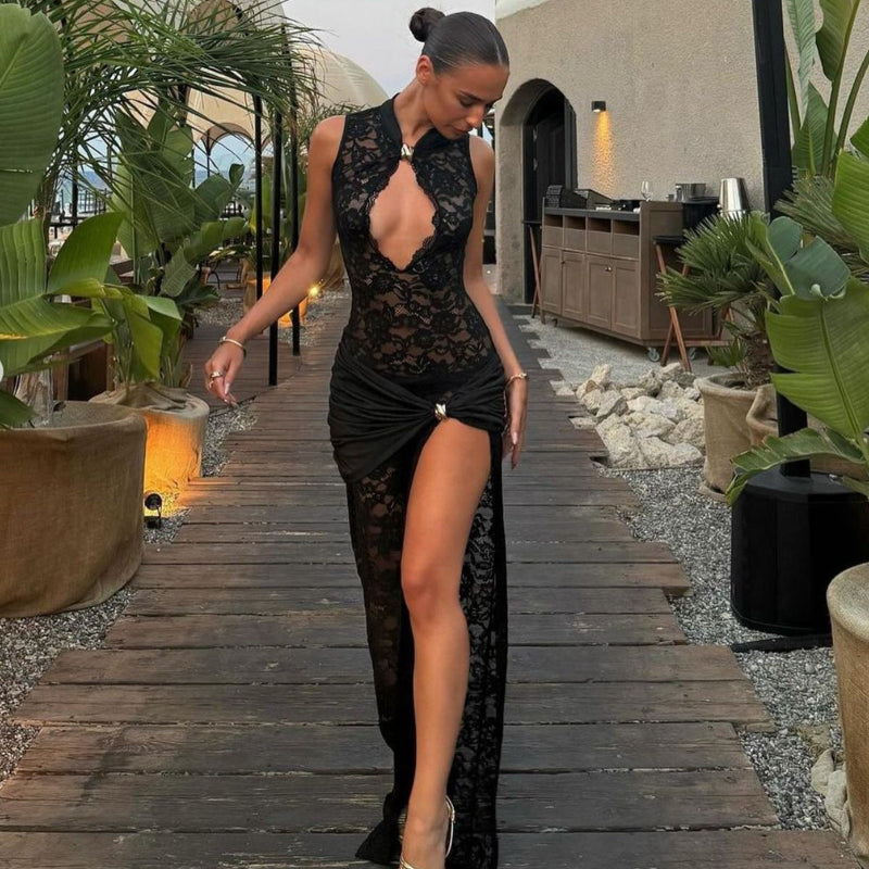 Hollow Out High Slit Slim Fit Sleeveless Midi Dress
