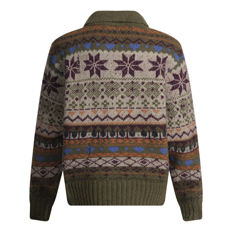 Forest Green Jacquard Turn-down Collar Sweater