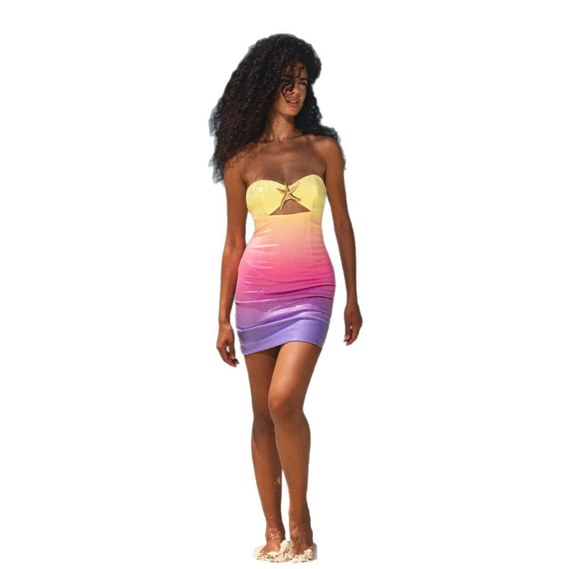 A sleeveless sequin-printed mini dress in vibrant pink, yellow, orange, green, and multicolor.