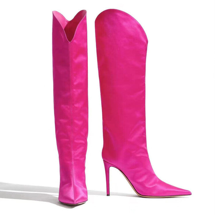 Pointed Toe Silk Satin Knee Thigh Boots