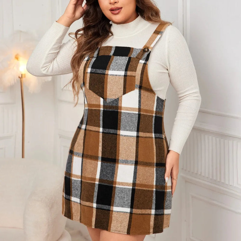Edgy Plus Size Plaid Overall Mini Dress