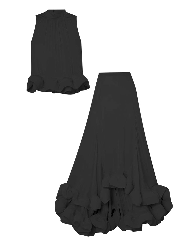 Stand Collar Sleeveless Tops High Waist Irregular Ruffles Skirts - runwayfashionista.com