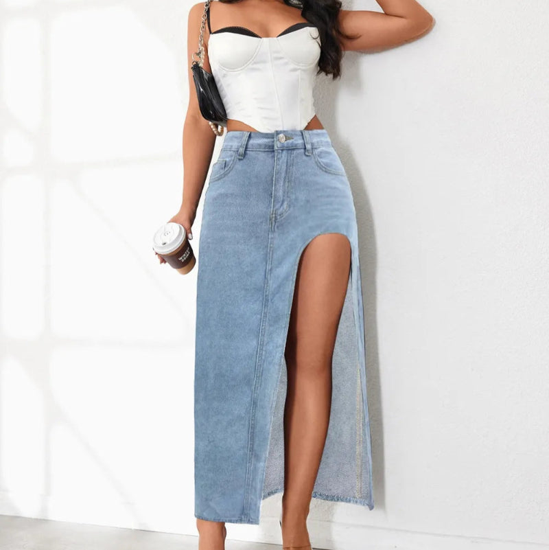 High Rise Slit Denim Skirt