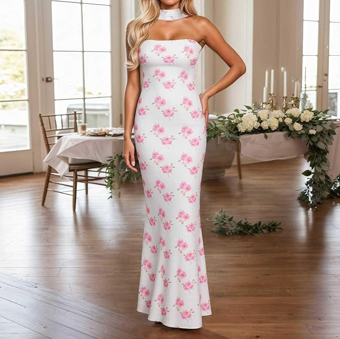 Elegant Strapless Ribbon-Trimmed Evening Gown - white