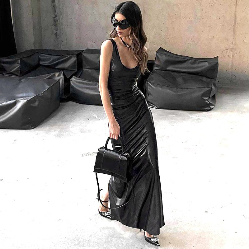 U-neck Split Vest Maxi Dress - Black