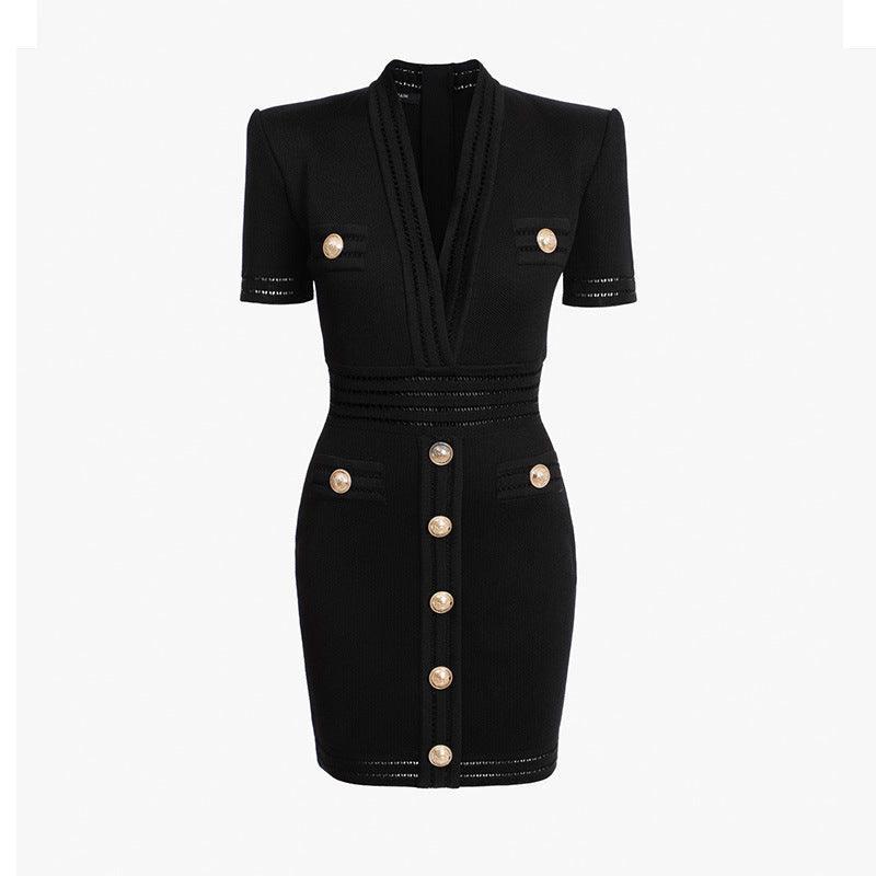 Knitted Short Sleeved V-neck Dress