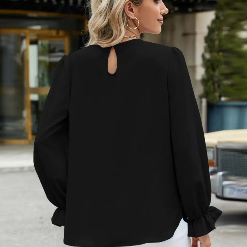Round Neck Flounce Sleeve Top -runwayfashionista.com