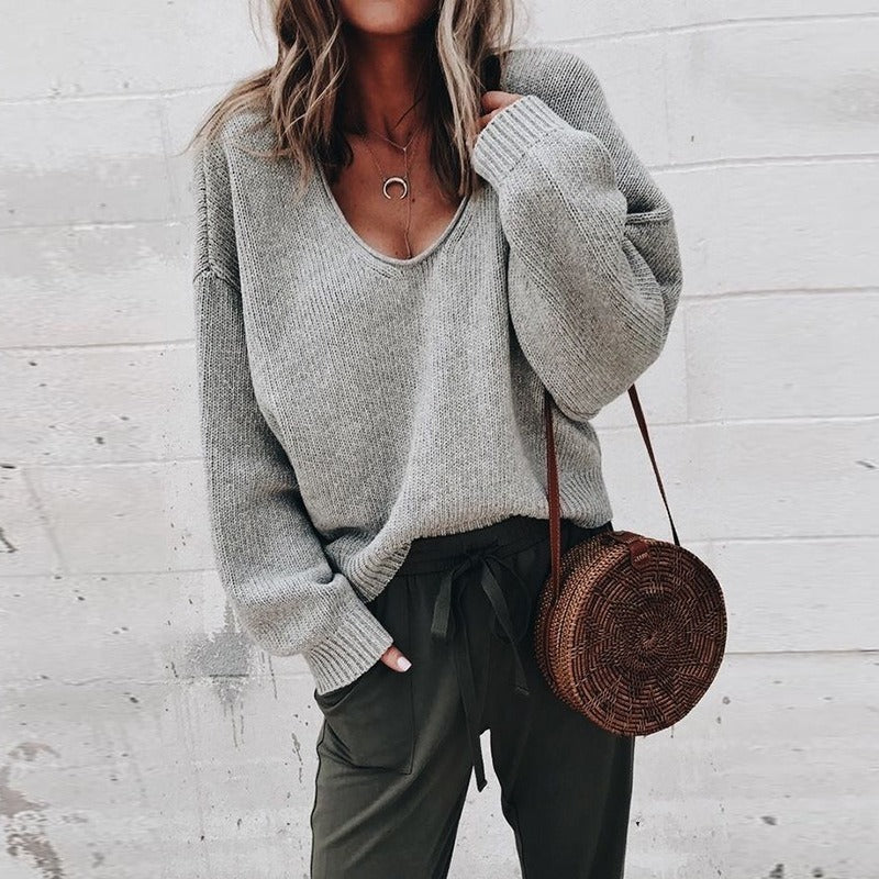 Sweater V-neck Long sleeved Loose Pullover - runwayfashionista.com