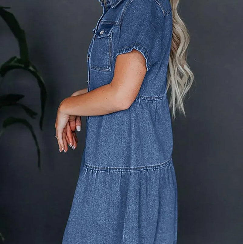 Short Sleeve Denim Dress - rynwayfashionista.com