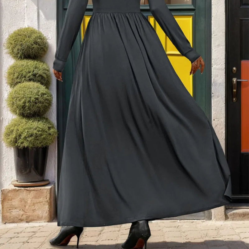 Lace Detail Slit V-Neck Long Sleeve Dress - runwayfashionista.com