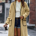 Contrast Trim Long Sleeve Coat with Pockets - runwayfashionista.com