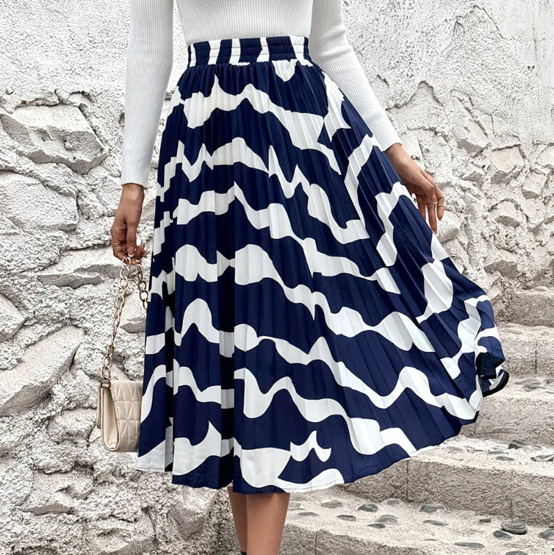 Pleated Printed Elastic Waist Skirt - runwayfashionista.com