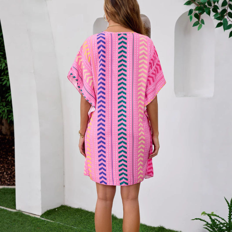 Bohemian Vacation Style Printed Sweet Mini Dress - Pink