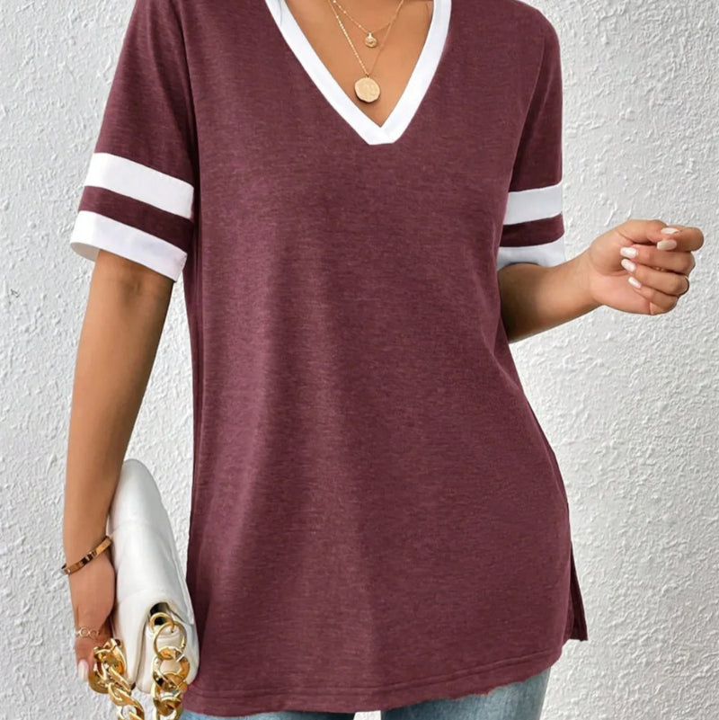 Contrast Trim V-Neck Short Sleeve T-Shirt - runwayfashionista.com