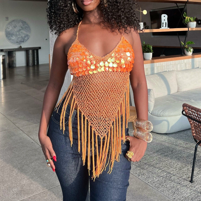 Sequined Tassel Camisole Top