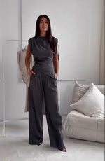 Irregular Split Top And Straight Pants Set - grey