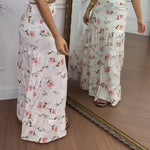 White Floral Print Twist-Front Halterneck Crop Top & Tiered Ruffle Maxi Skirt Two-Piece Set
