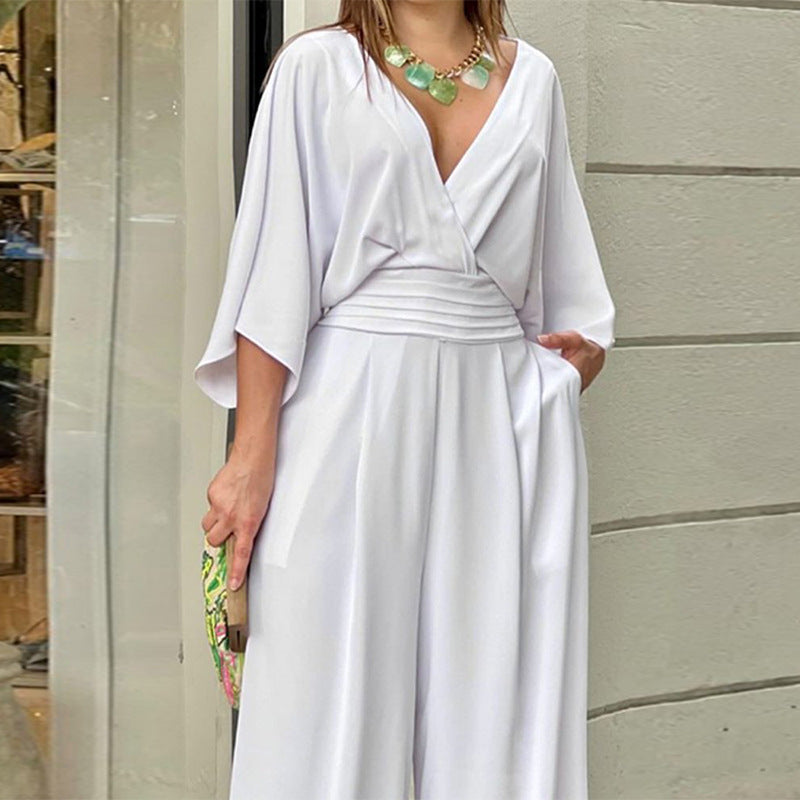 V-neck Short-sleeved Jumpsuit - white
