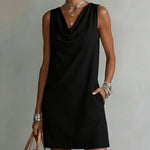 Draped Neck Sleeveless Vacation Mini Dress - black